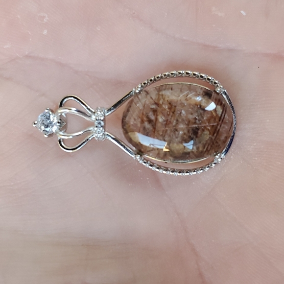 New Silver Wrapped Gold Rutilated Quartz Oval Rhinestone Crown Pendant. - Picture 11 of 12